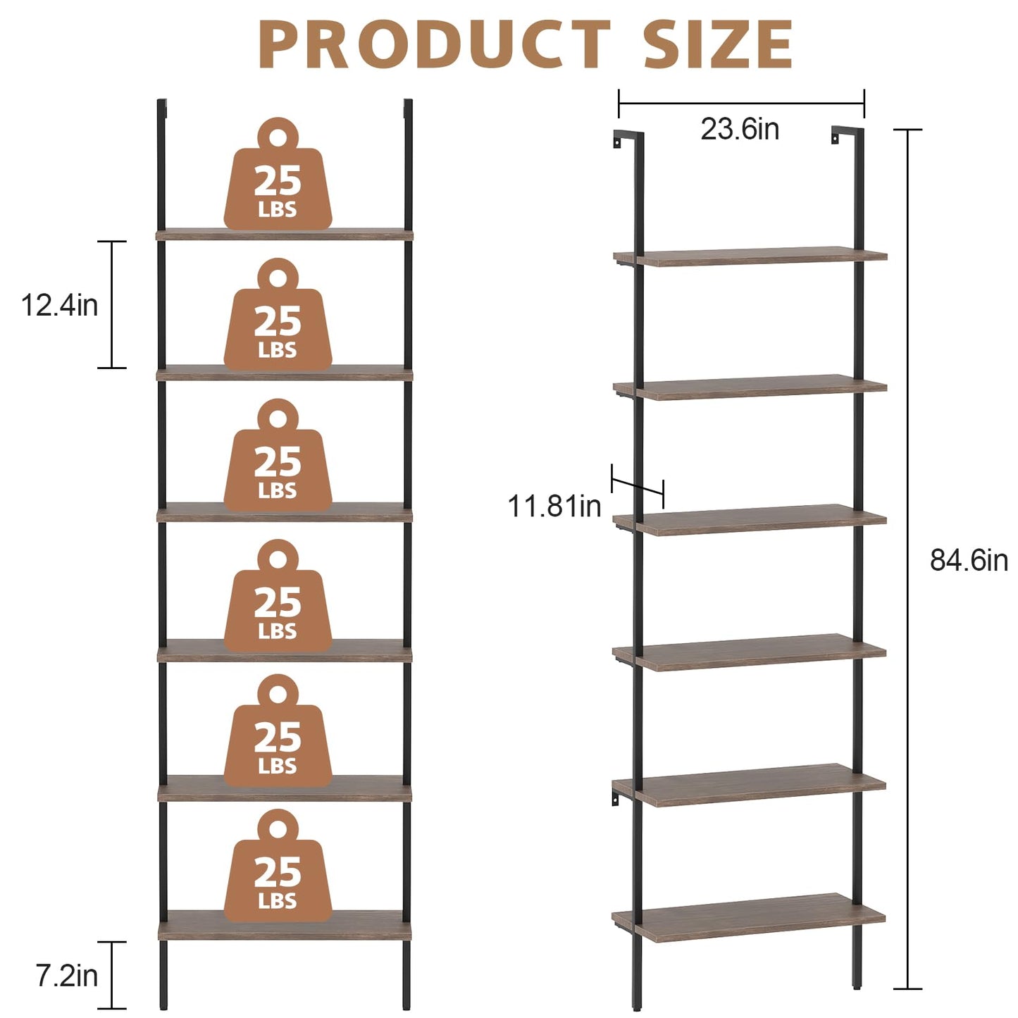 Wolawu Ladder Shelf Black 6 Tiers Modern Bookshelf Room Organizer Open Tall Wall Mount Bookcase Standing Leaning Wall Shelves Industrial Decorative Living Room Bed Room (Brown)