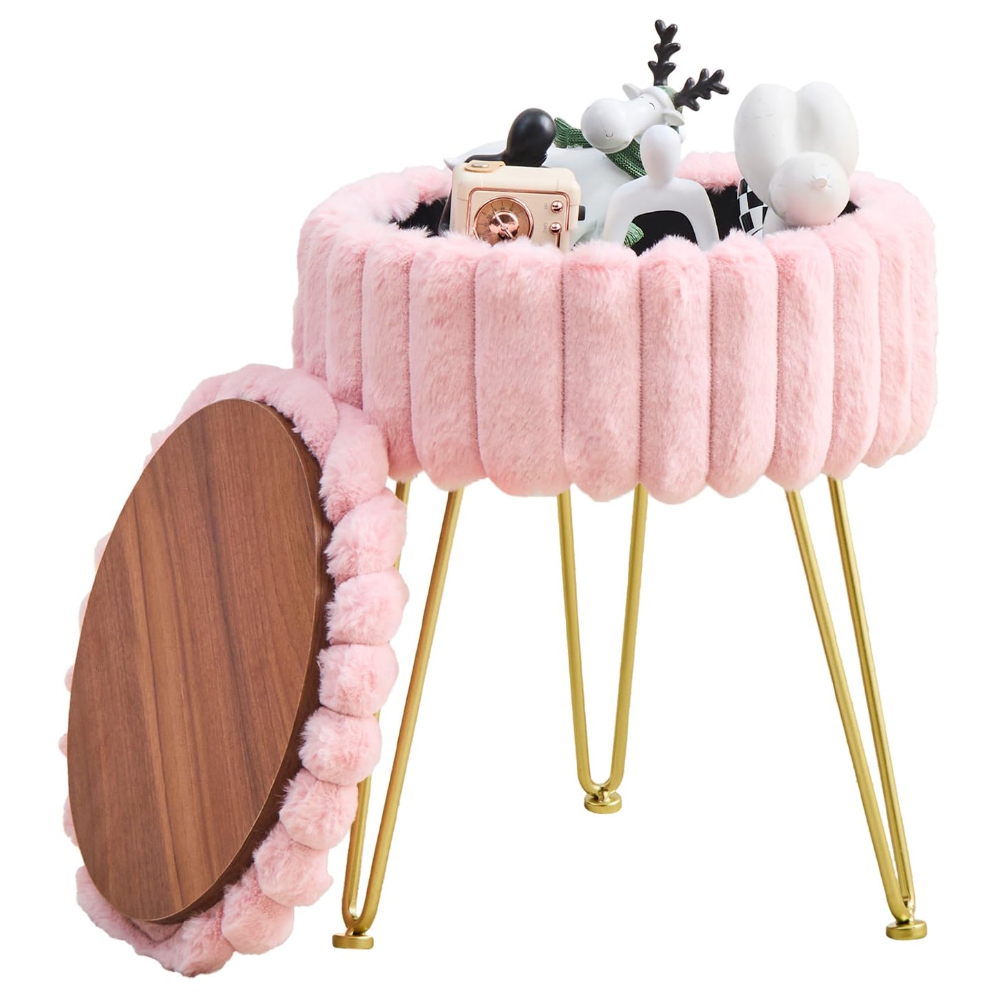 Wimarsbon Vanity Stool with Storage, Faux Fur Ottoman Chair with Metal Legs, Round Makeup Vanity Chair for Bedroom or Dressing Table, Modern Small Ottoman Seat (Pink)