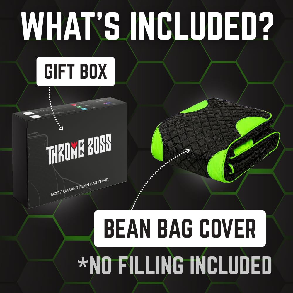 Throne Boss Gaming Bean Bag Chair Cover for Kids with High Back, Green – Gamer chair for kids with 2 x Large Side Pockets, Headphone Hanger, Easy to Clean Fabric, requires 200 Liters Polystyrene Beans