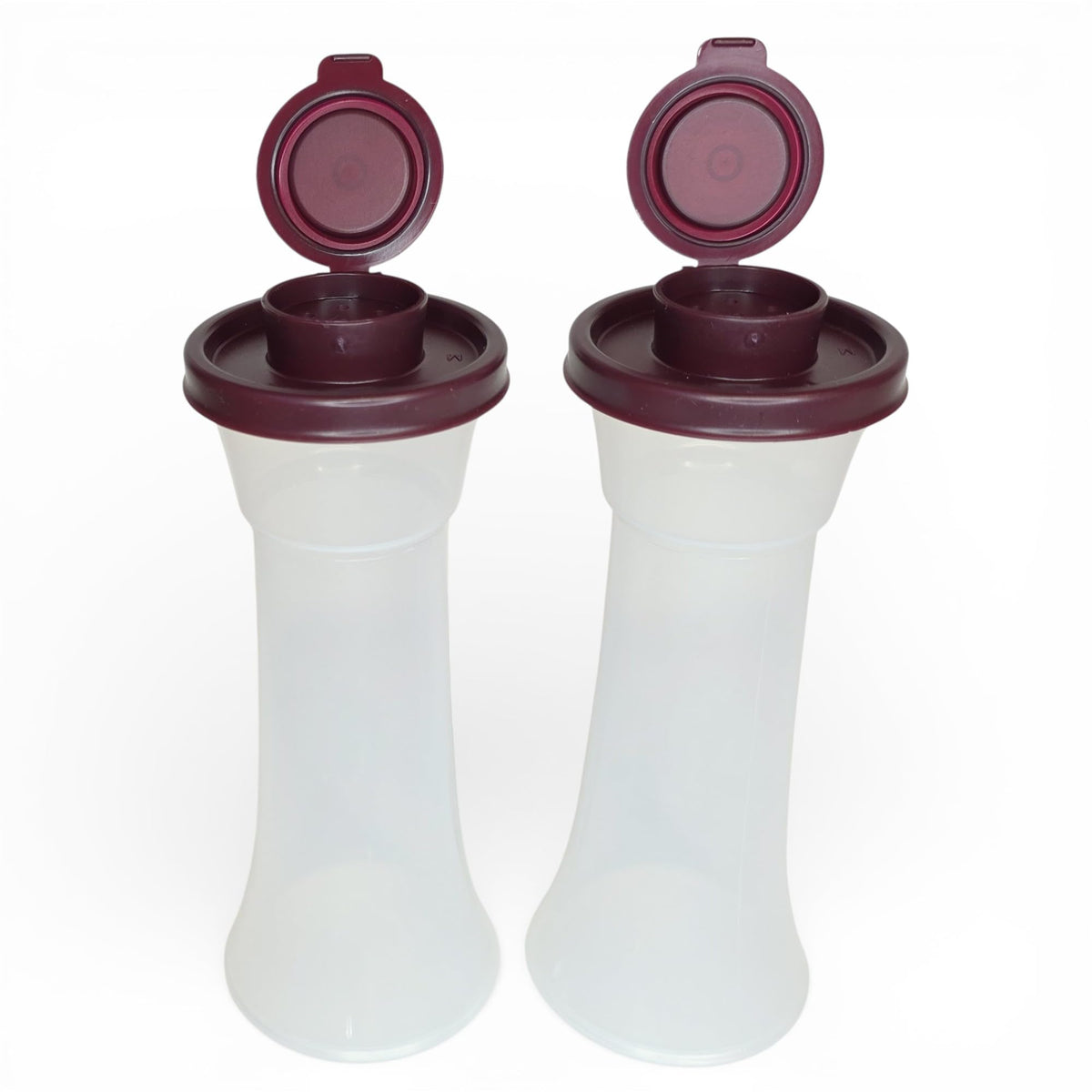 Tupperware Large Hourglass Salt and Pepper Shakers Clear Containers with Dark Vineyard Seals