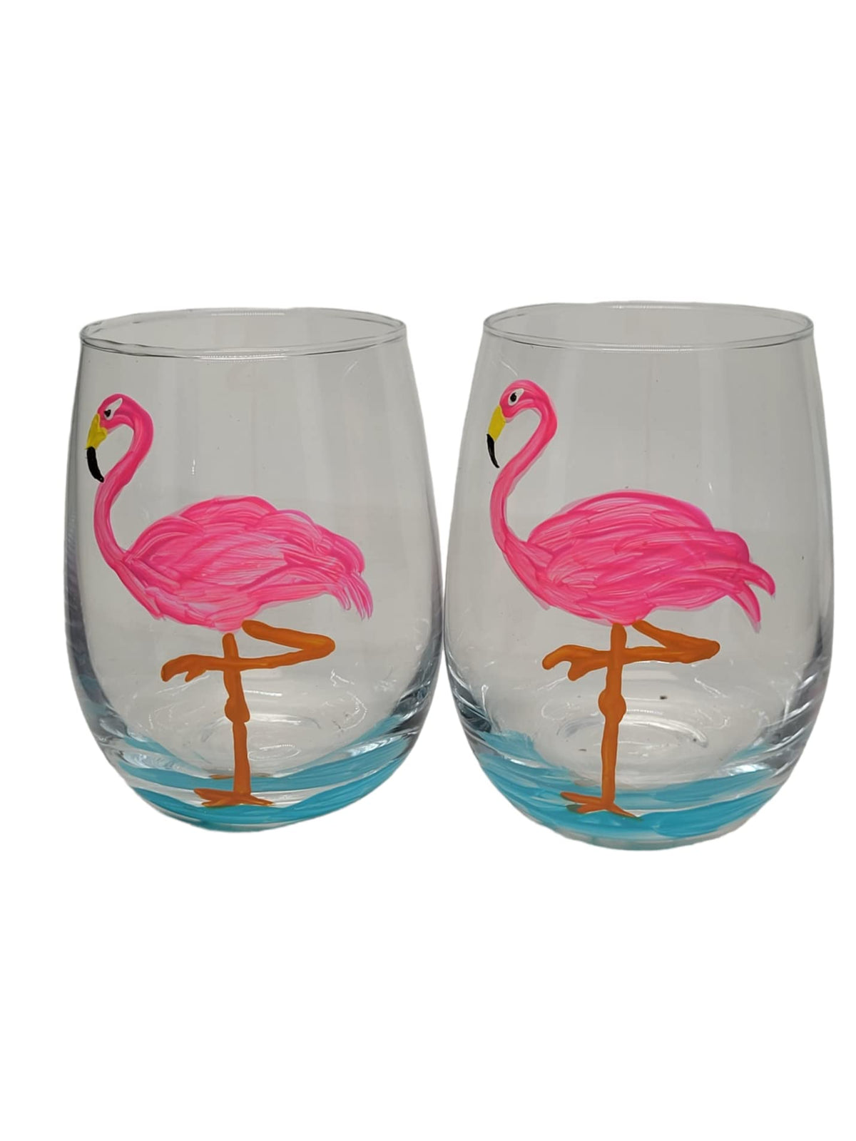 Pink Flamingo Hand Painted Stemmless Wine Glasses Set of 2 Tropical Home Decor