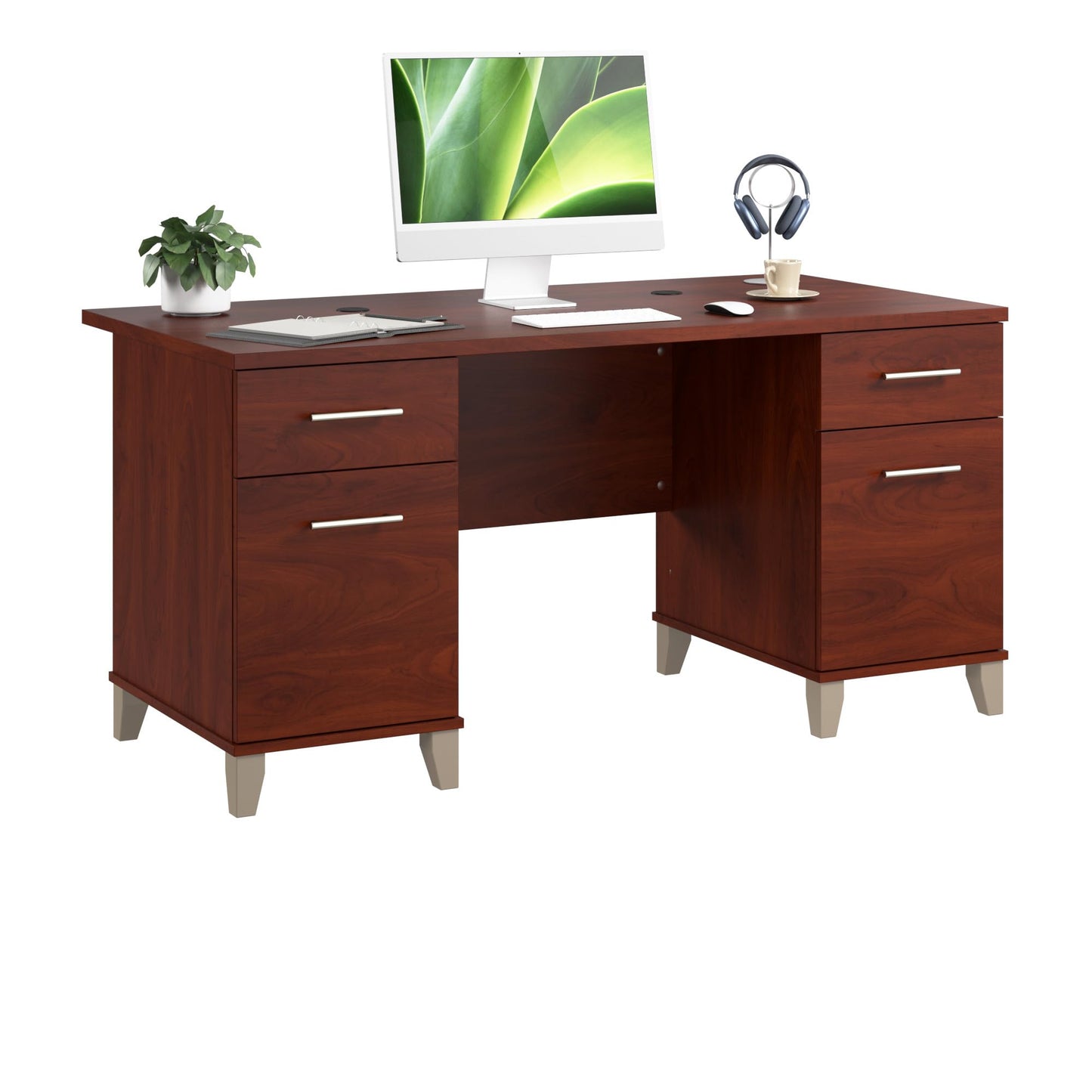 Bush Home 60-Inch Office Desk with Drawers, Computer Desk with File and Box Drawers, Home Office Workstation with Storage Cabinet, Writing Desk Furniture, Somerset Collection, Hansen Cherry