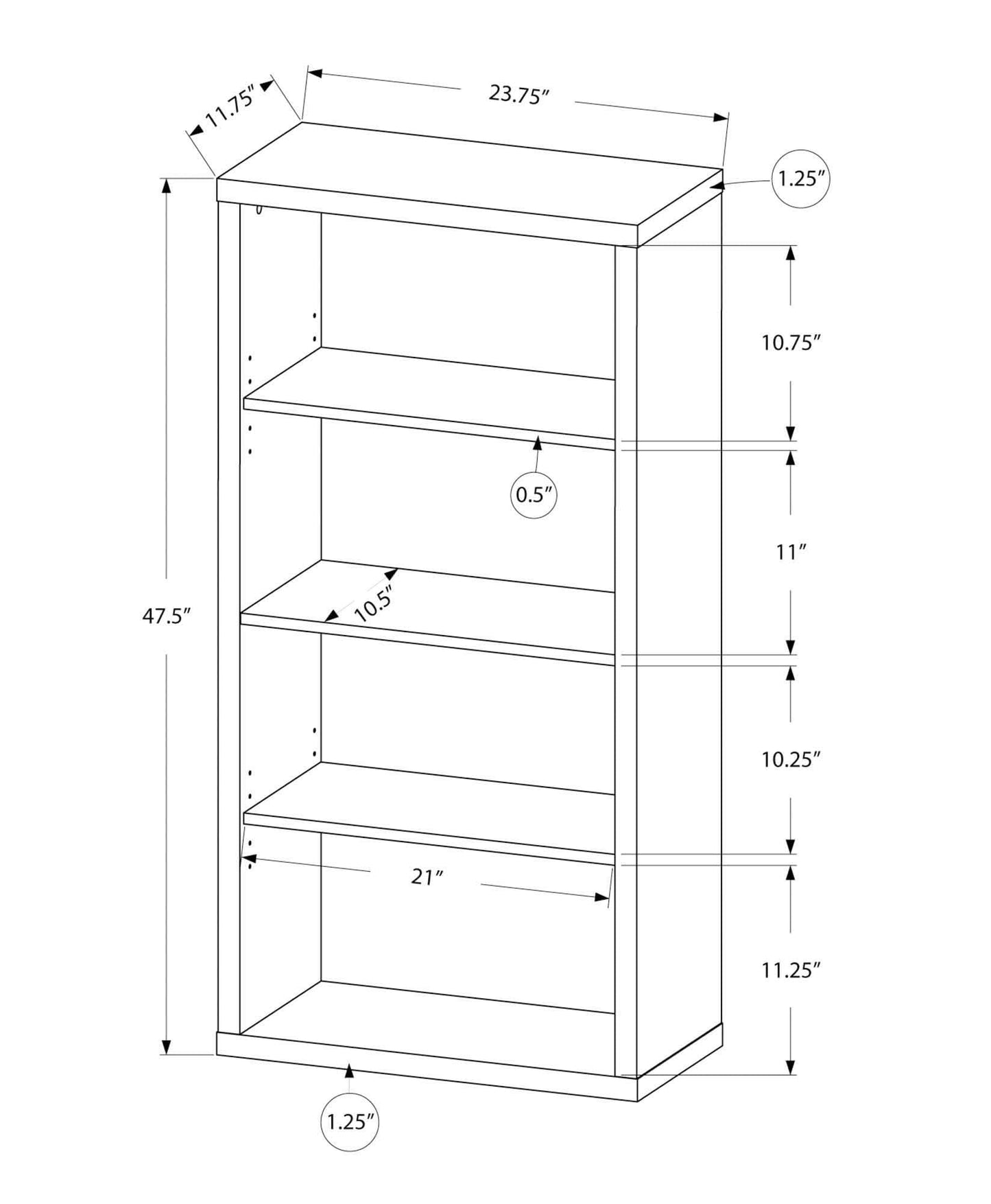 Monarch Specialties Bookcase - Sturdy Etagere with 3 Adjustable Book Shelves - 48”H (Grey)