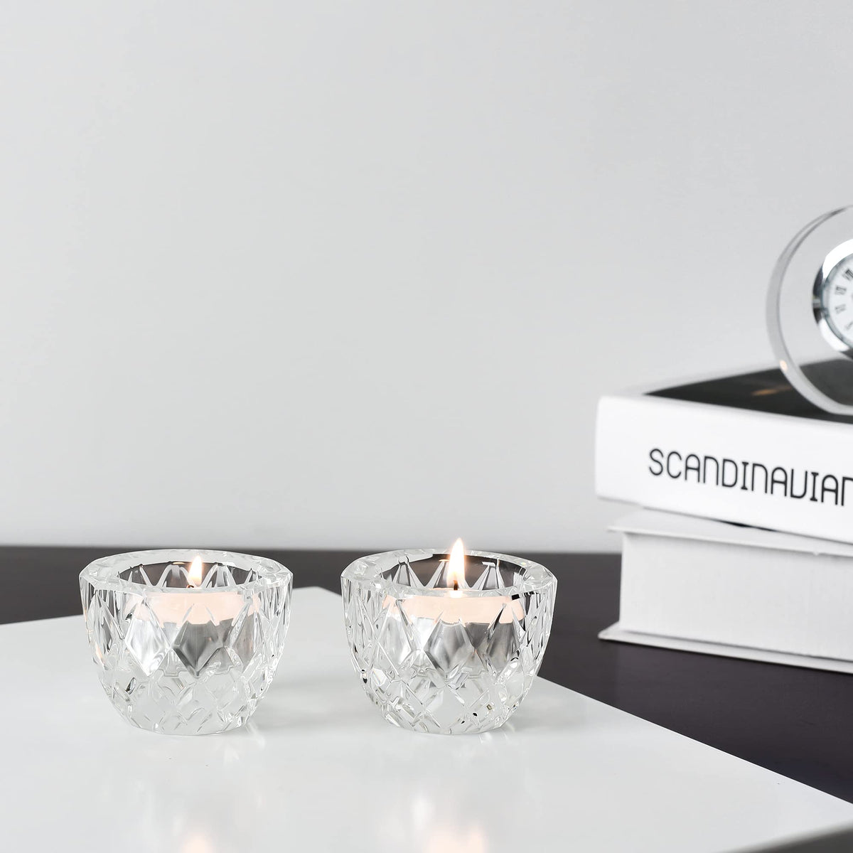 Kitcom Crystal Tealight Candle Holders Pack of 2 for Wedding Party Dinner Table Home Decor Hand-Cut W2.4'' X H1.7'', Clear