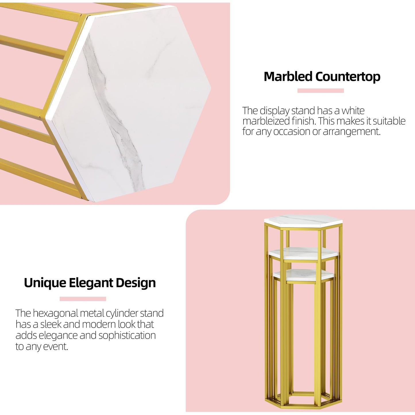 Urban Deco Cylinder Stands for Party, Set of 3 Gold Metal Hexagon Cake Pedestal Stand with Wooden Marbled Countertop, Flower Plant Pedestal Stands for Display Parties Wedding Birthday Decor, 3PCS, Gold