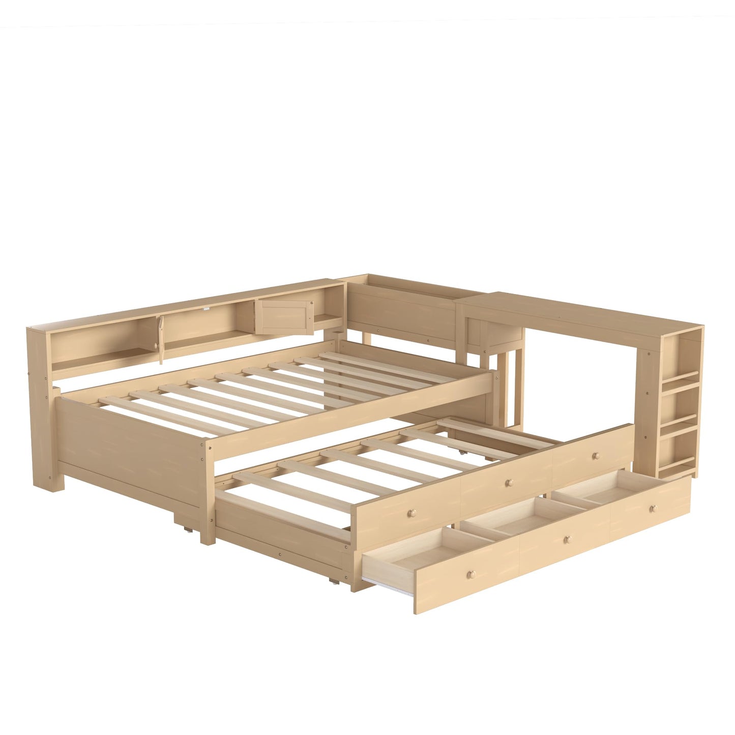Daybed with Pull-out Desk and Trundle, Twin Size Wood Bed Frame with Multiple Storage Drawers, Open Shelves and Cabinets for Kids Adults Bedroom Furniture, Multifunctional L-Shaped Sofa Bed (Golden)