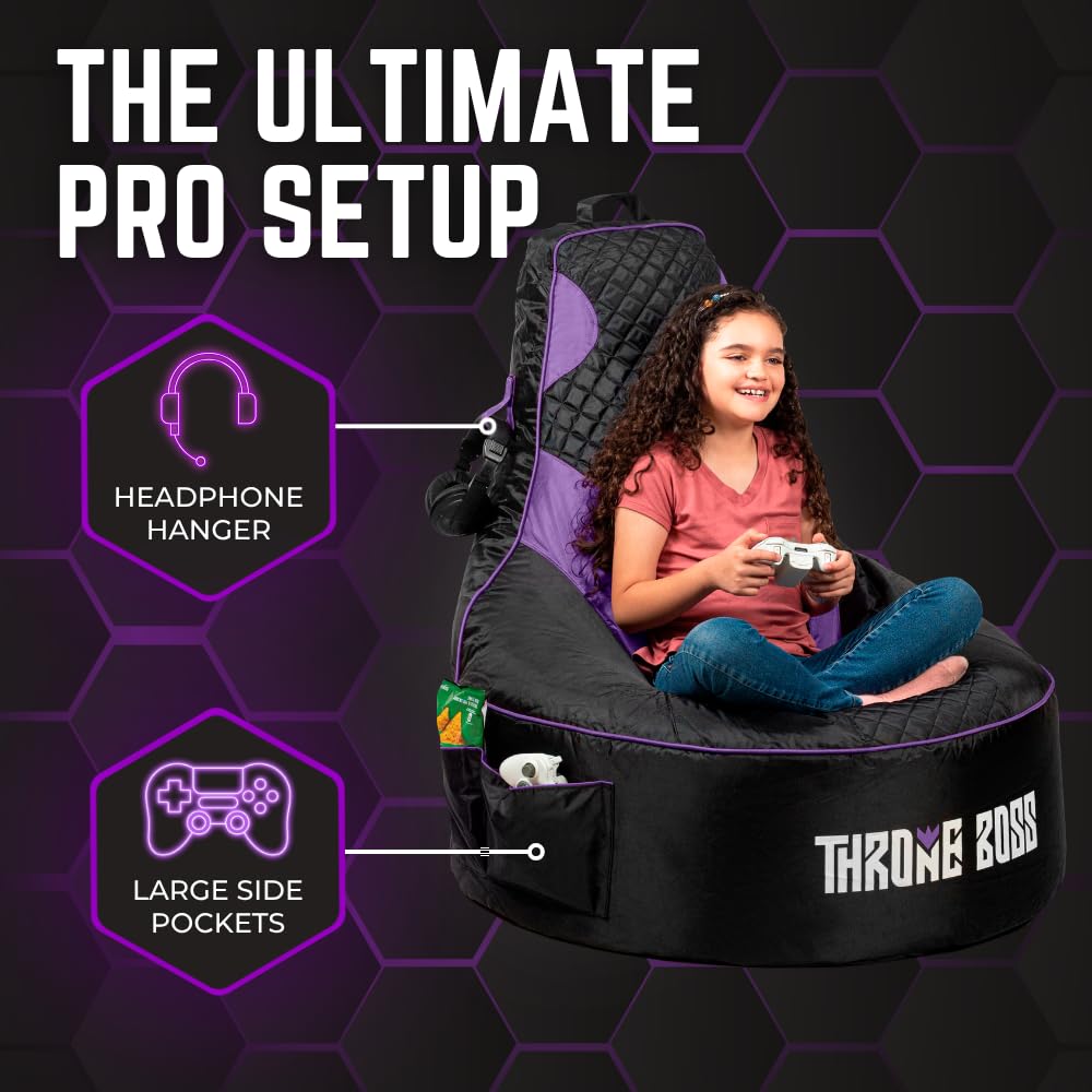 Throne Boss Gaming Bean Bag Chair Cover for Kids with High Back, Purple –Gamer chair for kids with 2 x Large Side Pockets, Headphone Hanger, Easy to Clean Fabric, requires 200 Liters Polystyrene Beans