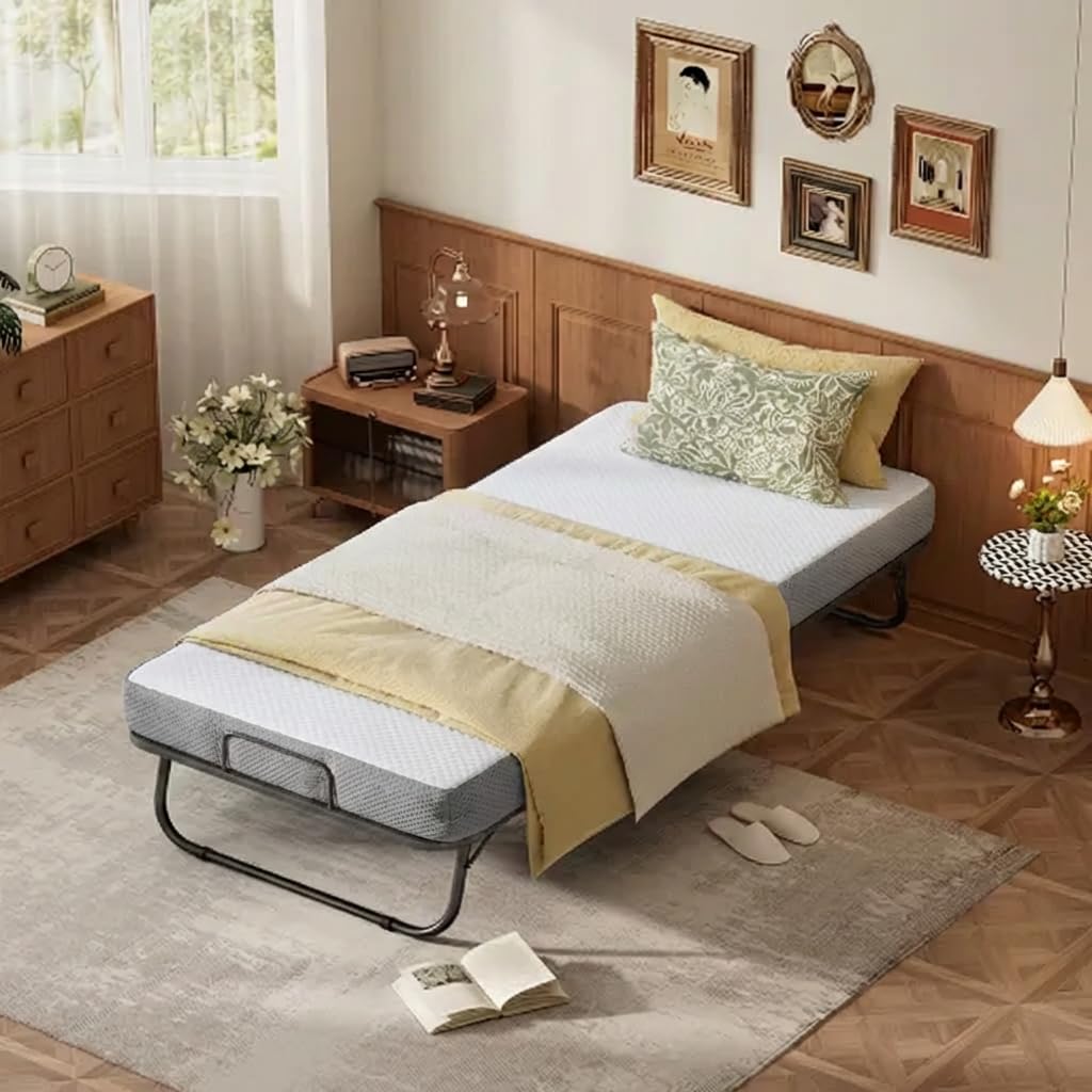 Karcog Rollaway Bed with Mattress for Adults, Folding Bed with Memory Foam Mattress and Sturdy Metal Frame, Cot Size Portable Guest Bed on Wheels with Storage Cover, 75” x 31”