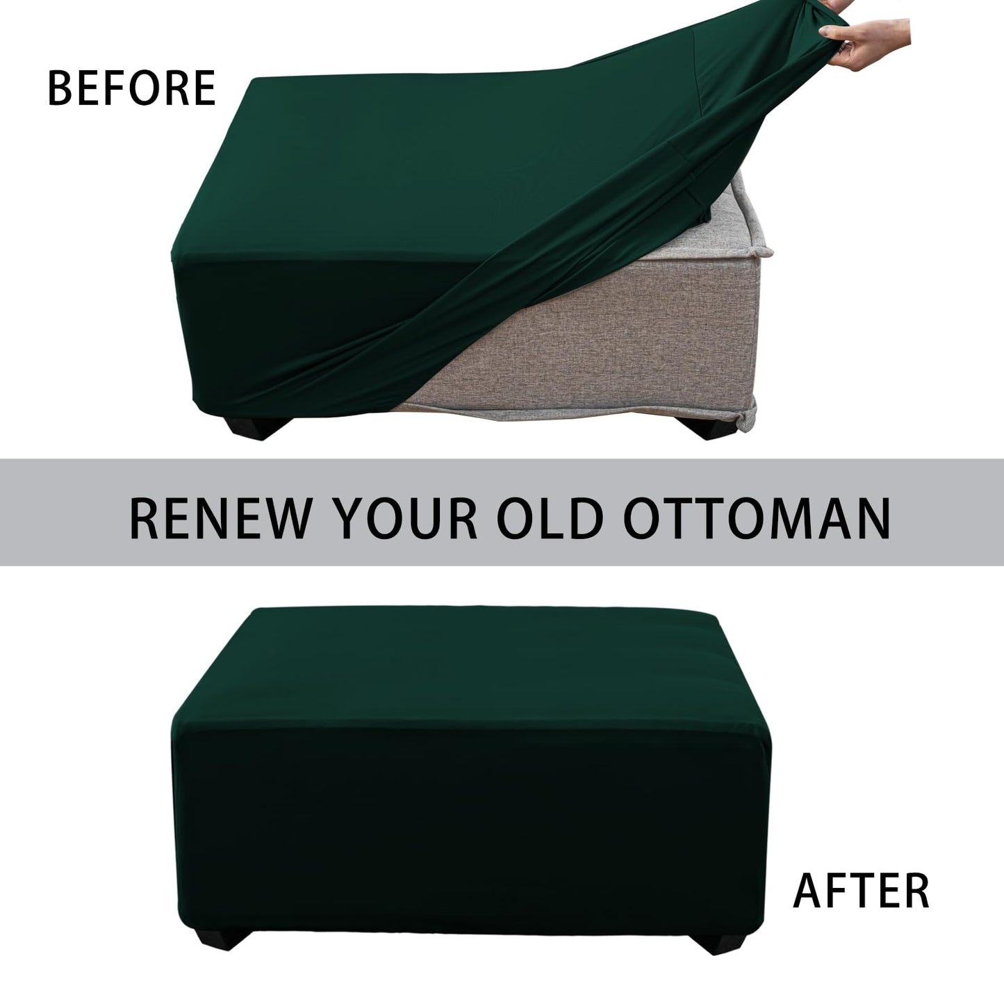 UOIJAY Super Stretch Ottoman Cover- Soft Form Fit Ottoman Cover Rectangular Ottoman Slipcovers for Folding Storage Furniture, Footstool Cover with Nonslip Elastic Bottom (Large, Hunter Green)