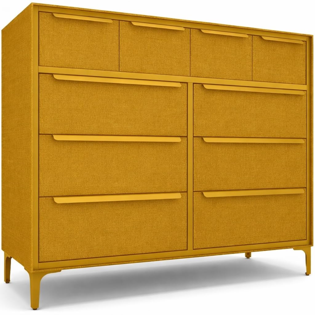 tinge Naima Premium Fabric Dresser - Strong Metal Frame, 10 Spacious Sag-Proof Drawers with Sleek Metal Handles - Premium & Durable Storage Solution for Your Home (Yellow)