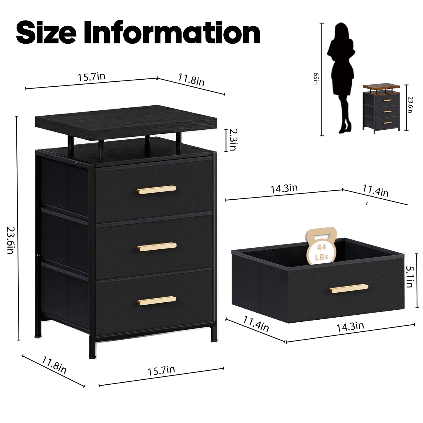 DreamDashio Night Stand with APP Control LED Lights, 3 Fabric Storage Drawers with PU Finish, Floating Top Design, Bedside Table with Open Shelf, End Table for Bedroom, Living Room, Office (Black)