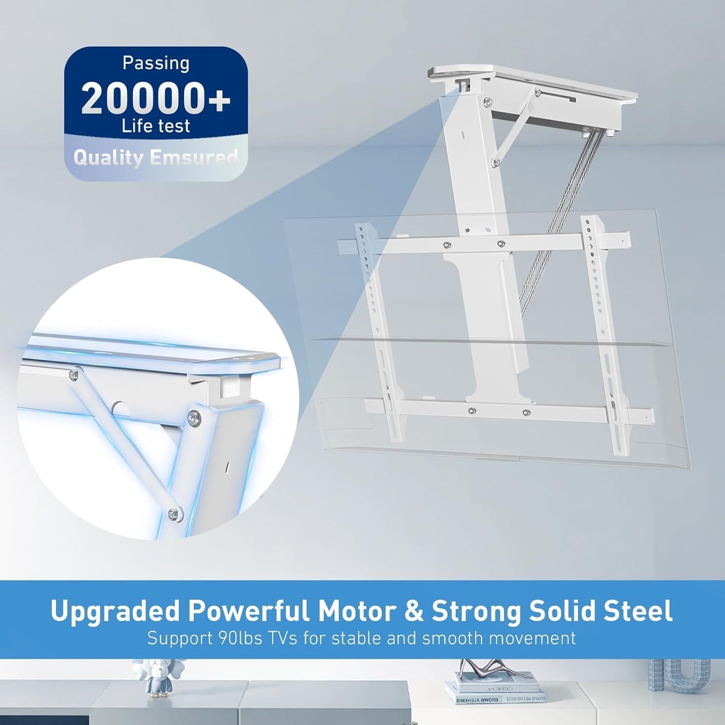 XINYAO Electric Ceiling TV Mount with Remote, Motorized Ceiling Mount TV Bracket Flip Down for 32 to 70 inch Flat Curved Screen Mount Drop Down for Flat Pitched Roof Indoor Outdoor (White)