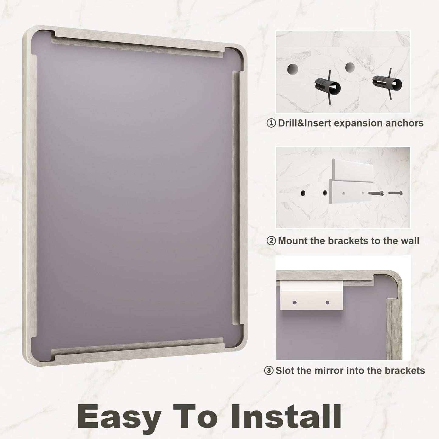 VANLIO 28x36 Inch Brushed Nickel Bathroom Mirror, Brushed Silver Metal Framed Wall Mirror, Rounded Rectangle Bathroom Vanity Mirror, Anti-Rust, Shatterproof (Horizontal/Vertical)