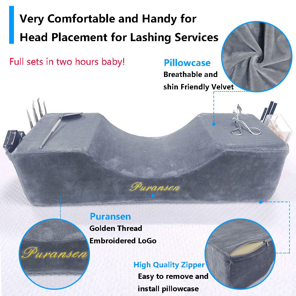 Puransen Eyelash Extension Pillow - Salon Memory Foam Neck Support with Velvet Cover, Portable Lash Technician Pillow for Professional Makeup Artists & Home Use (Grey)