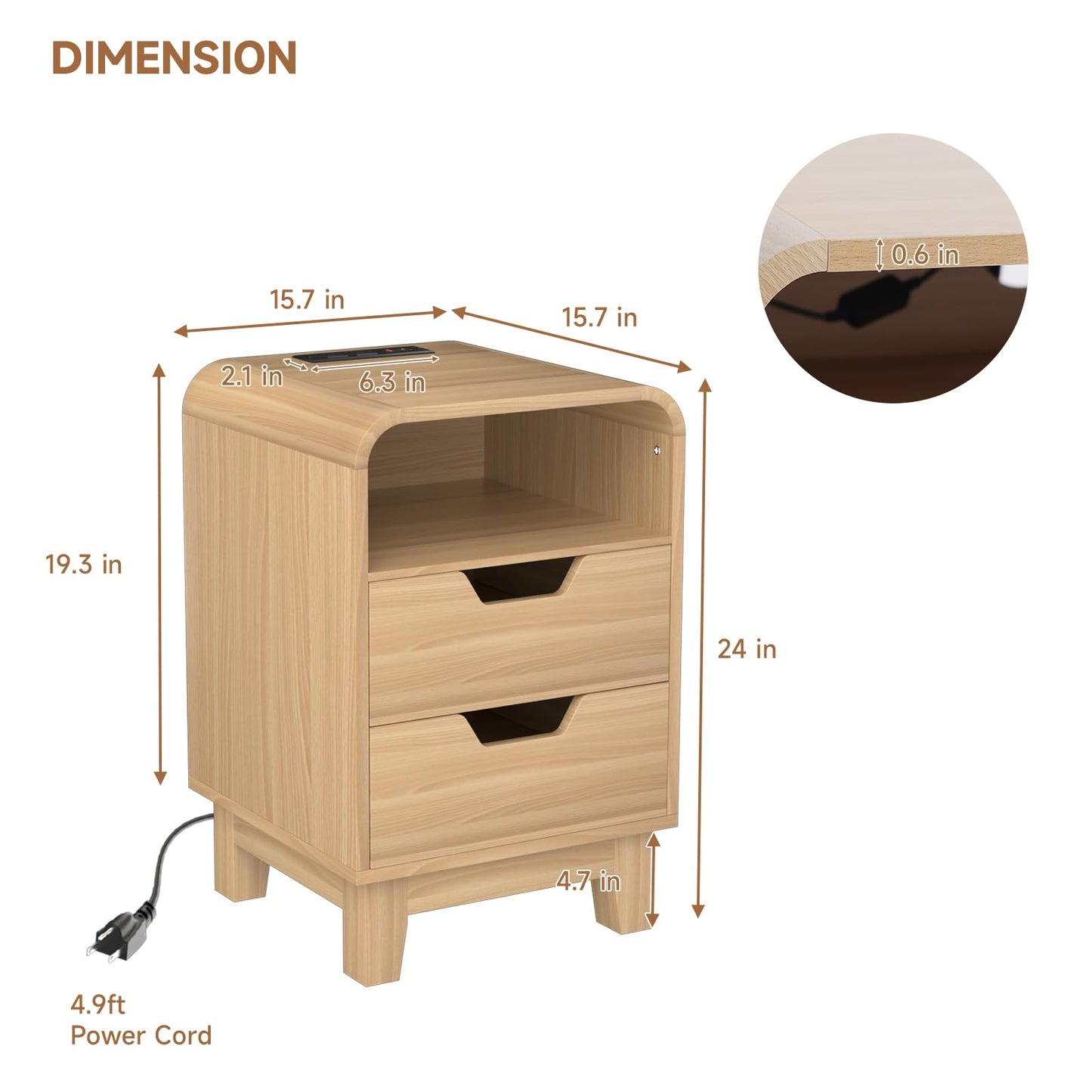 Nightstand with Charging Station, Modern Night Stand with LED Light, 15.7" Wide Wood Bed Side Table Bedroom, Small Bedside Table, Curved End Table with 2 Drawers| Natural Wood, 1 Pack
