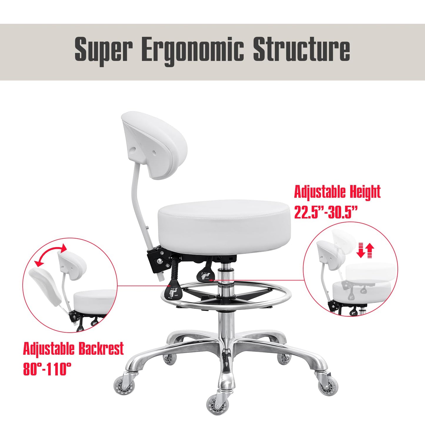 Grace&Grace Drafting Chair Big Cushion Rolling Stool with Back, Tall Shop Stool Rolling Chair with Footrest for Studio, Workshop, Classroom, Lab, Counter, Home Office (White)