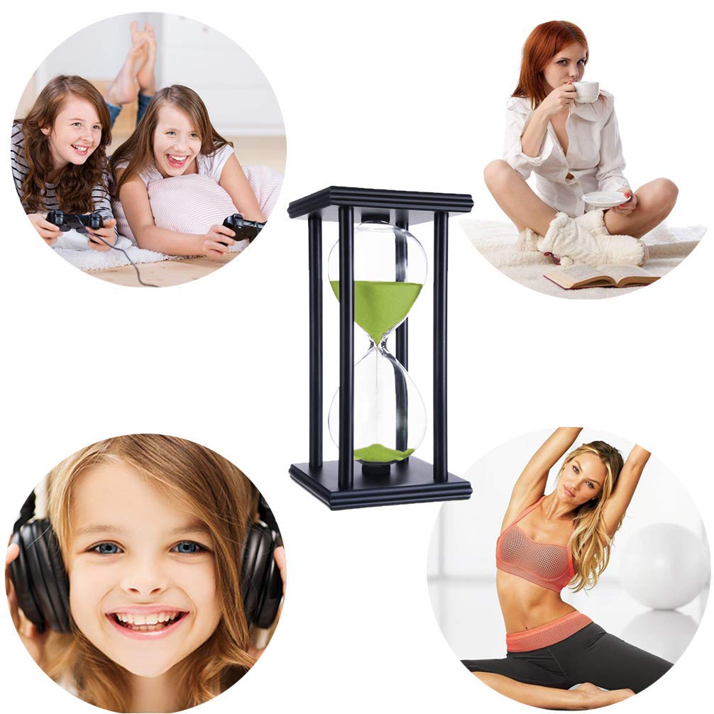 Lodunsyr Hourglass Timer for 60 Minutes Sandglass Timer for Kitchen Living Room Home Office Desk Bedroom Party Festival Coffee Table Book Shelf School Game Sand Timer Clock (Black Frame Green Sand)