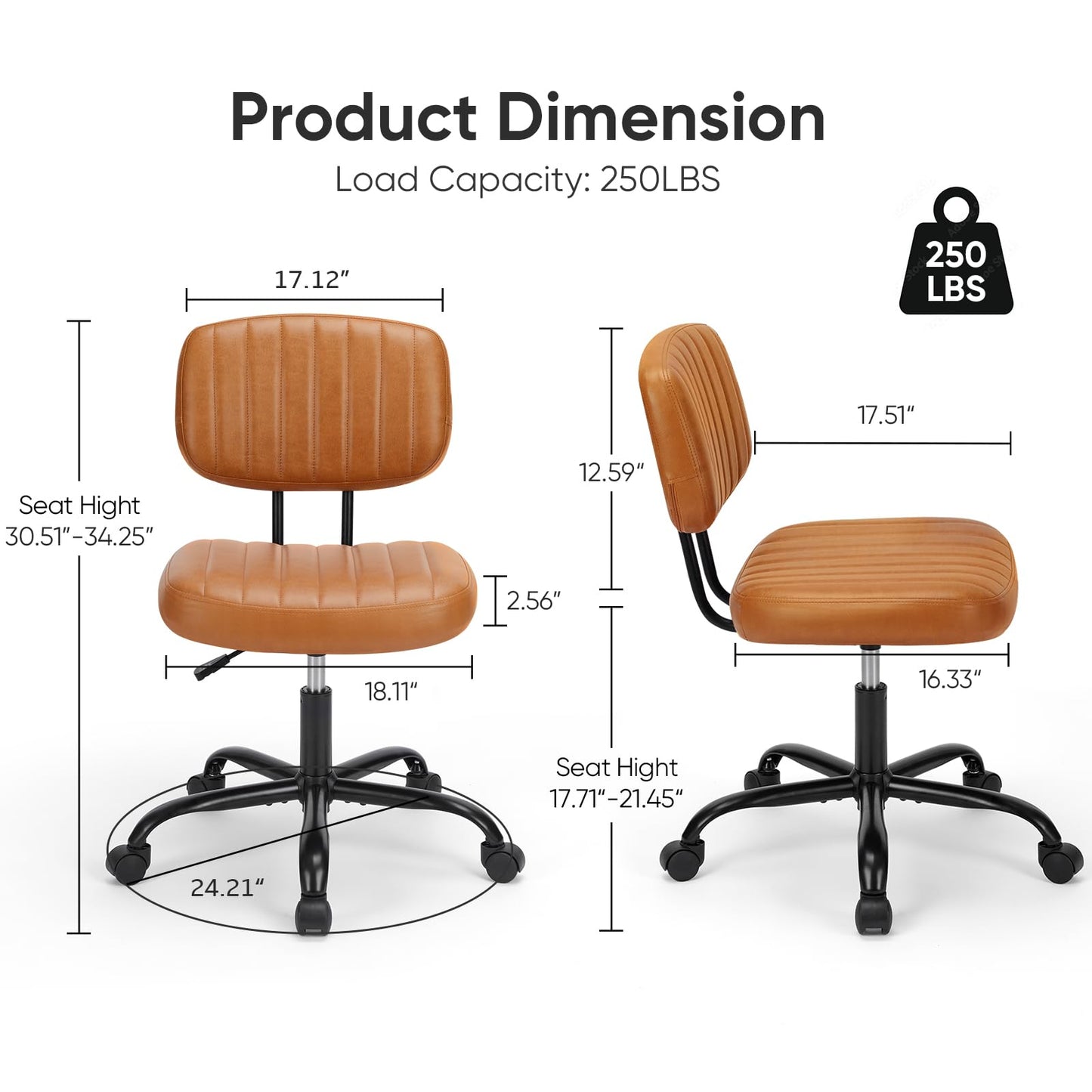 DUMOS Small Office Desk Chair - Armless PU Leather with Comfy Lumbar Support, Height Adjustable Rolling Swivel Task for No Arms, for Adult, Student, Bedroom, Home, Vanity, Brown