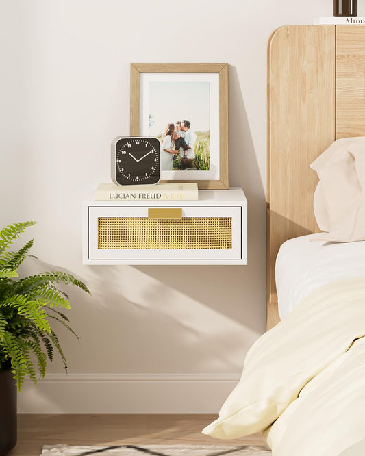 Aienvey Floating Nightstand, Floating Shelf with Drawer, Wall Mounted Nightstand, Floating Bedside Table (White Rattan)