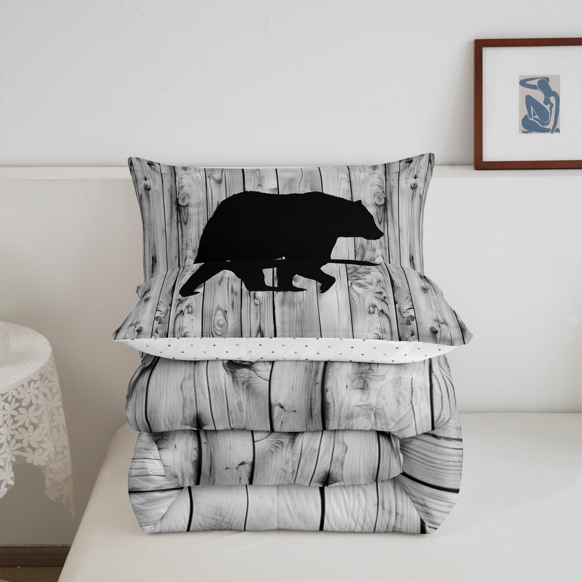 Bear Comforter Set Twin Size,Rustic Farmhouse Wood Cabin Bedding Set,Wildlife Hunting Quilt Set for Kids Boys Girls Teens Room Decor,Grey Black Pine Trees Pattern Duvet Insert,1 Pillowcase