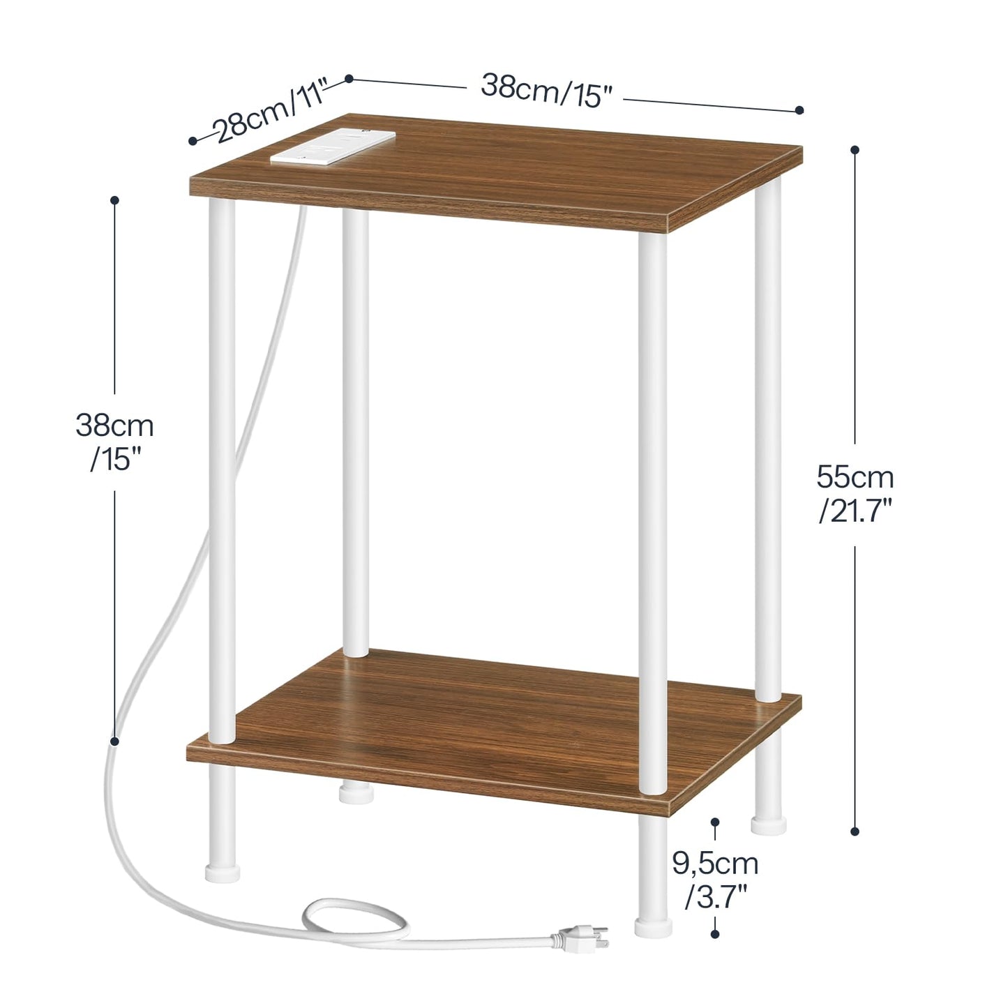 HOOBRO Side Table with Charging Station, End Table with USB Port and Outlets, Nightstand with 2-Layer Storage Shelves for Small Spaces, Living Room, Bedroom, Walnut and White WH09UBZ01
