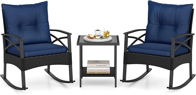 Tangkula 3 Pieces Outdoor Rocking Chairs Set, Rattan Heavy Duty Cushioned