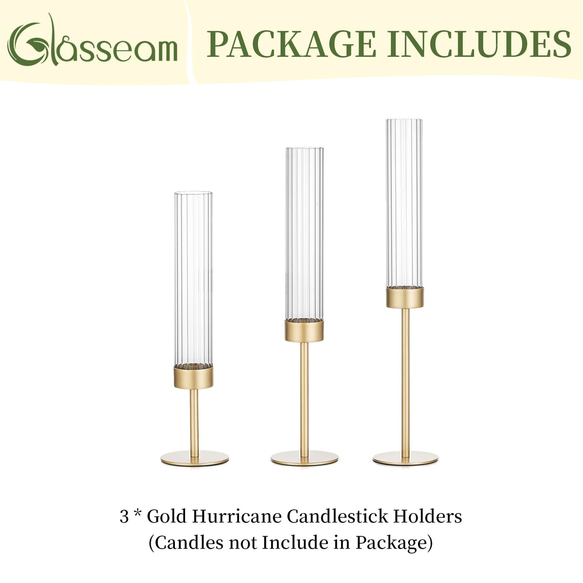 Gold Hurricane Taper Candle Holders: Glasseam 3Pcs Brass Candlestick Holders with Ribbed Glass Cylinder Cover Fluted Tall Candle Sticks Holder Decor for Table Centerpiece Wedding Christmas Decorations