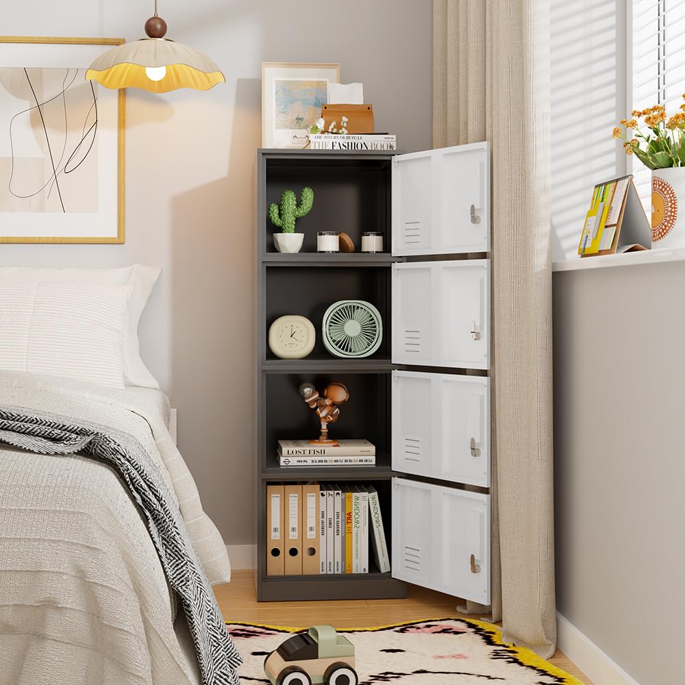 DAYTOYS 4 Door Metal Vertical Storage Locker for Kids Bedroom, Children Room, School, Office, Home,Stackable Steel Storage Cabinet for Sports Equipment,Anti-Tilting Device (Gray)