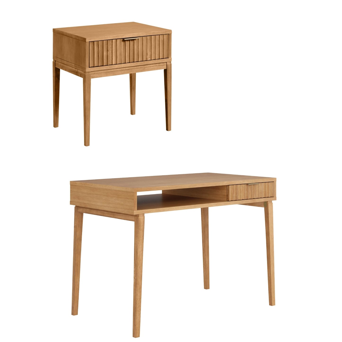 Nathan James Jasper Mid-Century Modern Desk Wall Unit, Vanity and Nightstand Set, Wood Desk with Drawer and Side Table
