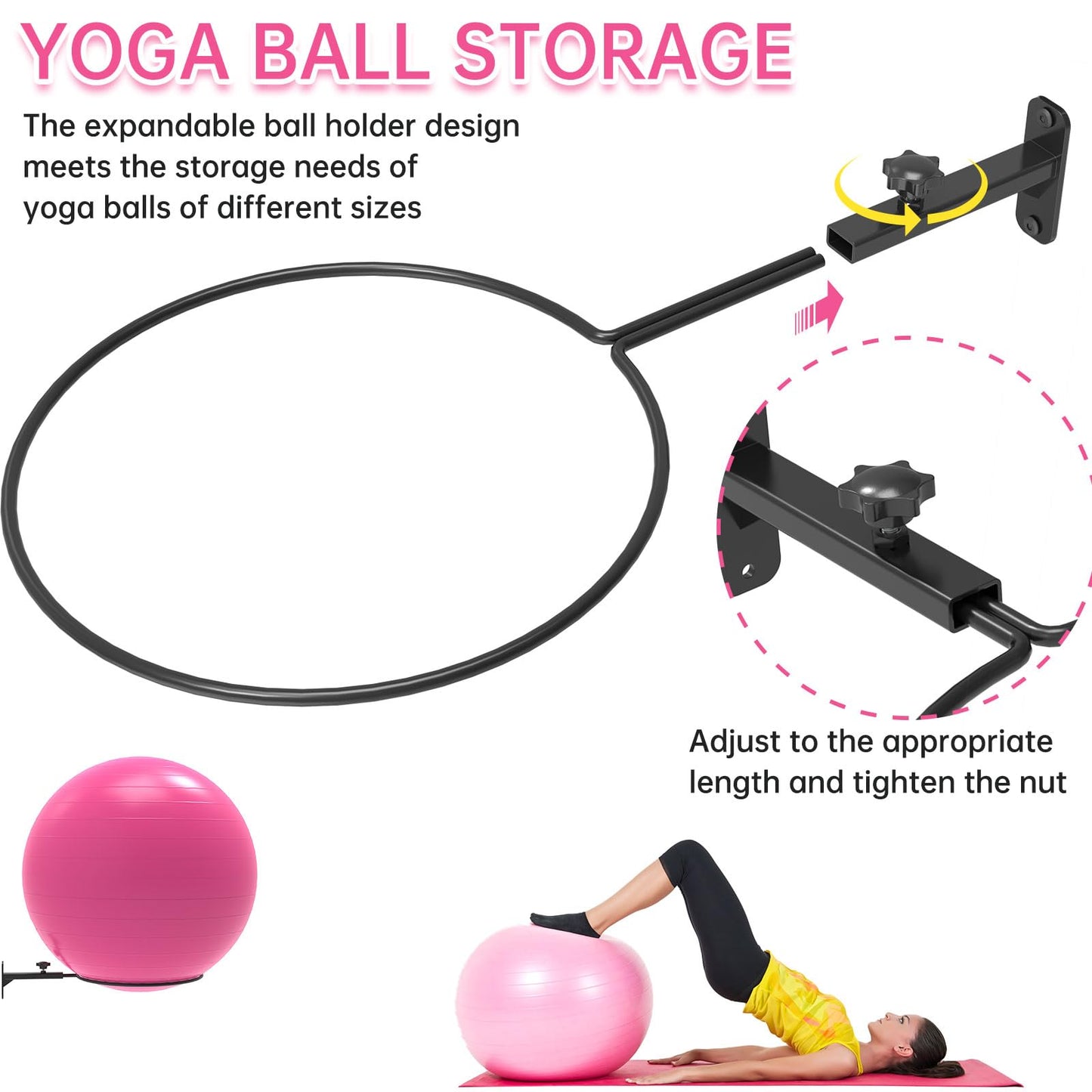 KOMOHOM Wall-Mounted Yoga Ball Holder, Black Metal, 12-Inch Diameter Ring, Universal Exercise Ball Storage Rack for 14-30 Inch Stability Balls(2PCS)