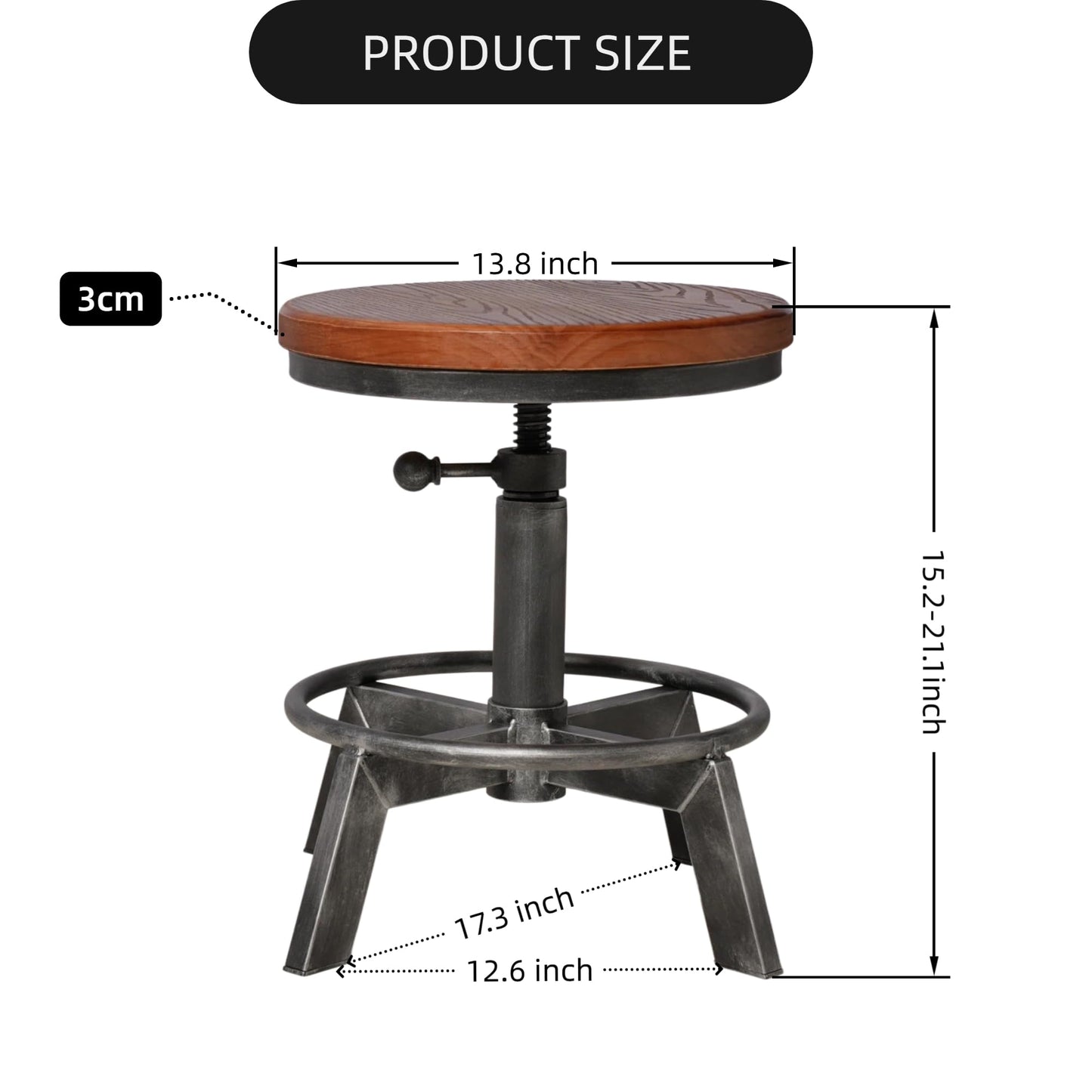 BOKKOLIK Set of 2-Industrial Bar Stool-Counter Height Chairs- Swivel Wooden Seat- Adjustable 15.2-21"