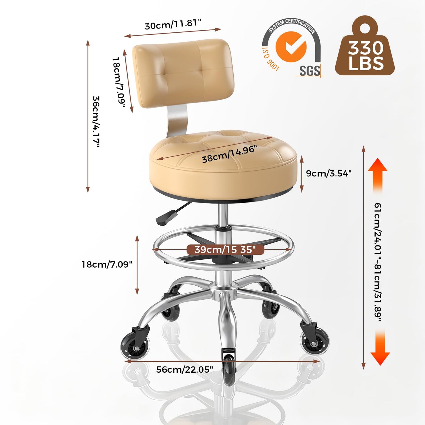 FREEKYROCK Office Drafting Chair with Footrest, Tall Height Adjustable Stool with Back Support, Heavy Duty Rolling Stool Chair with Wheels for Office Home Kitchen Bar Shop Guitar Studio Vanity, White