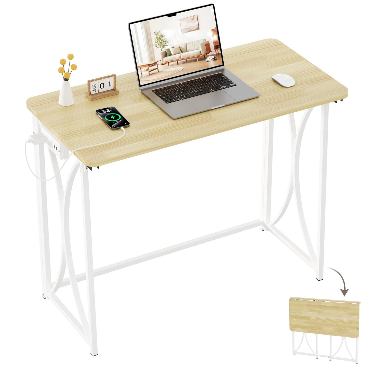 coeztt Mini Desk, 31.5" Small Desk for Bedroom with Power Outlet, Foldable Desks for Small Spaces & Home Office, Easy Assembly, Beige Floor Patten