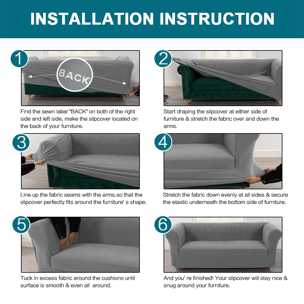Turquoize Stretch Chesterfield Sofa Covers for Living Room Soft Sofa Couch Covers for 3 Cushion Couch Non-Slip Sofa Slipcover for Dogs Pet Furniture Protector Feature Jacquard Fabric (Sofa, Dove)
