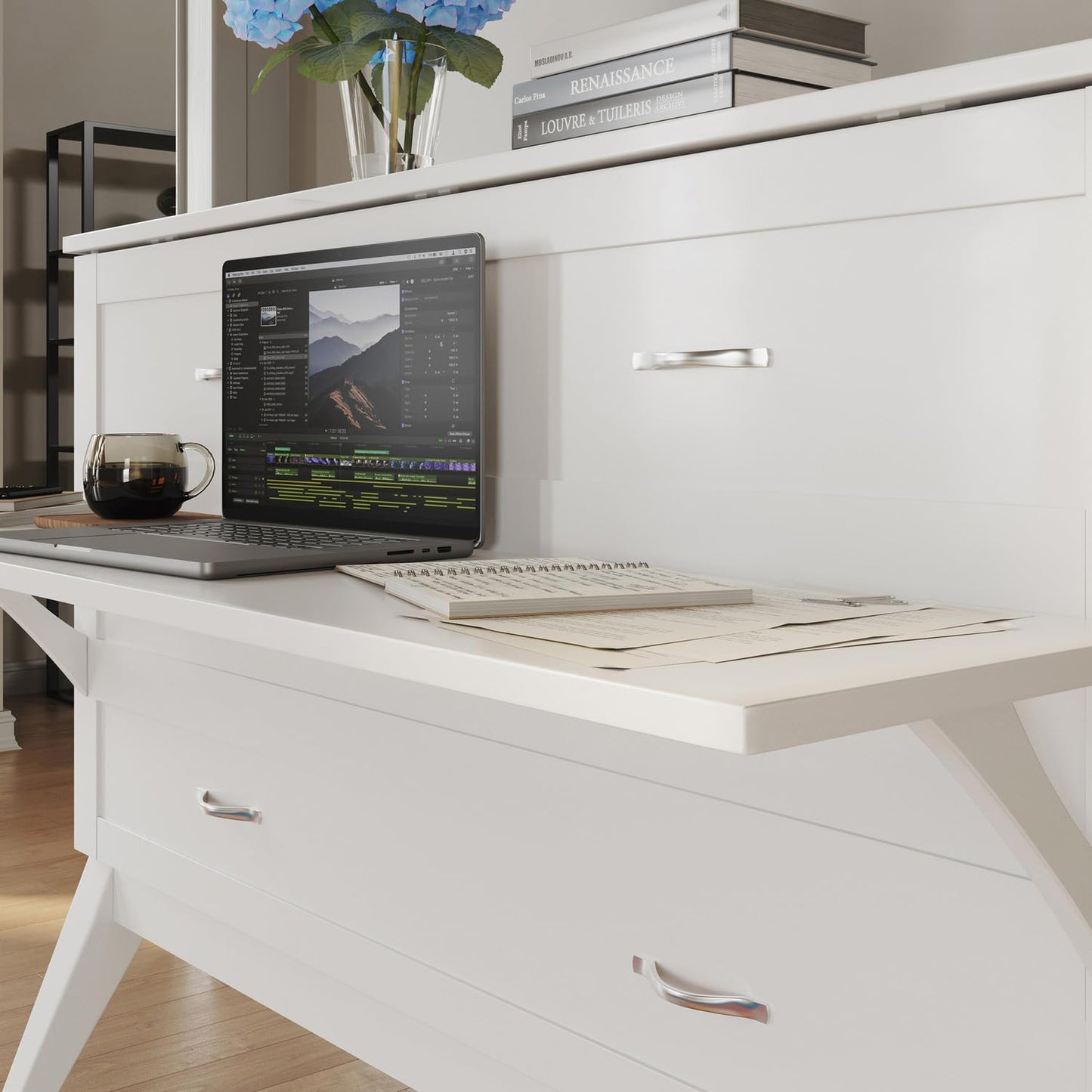 Maykoosh Full Murphy Bed Desk with 6" Mattress & Built in Charger in White
