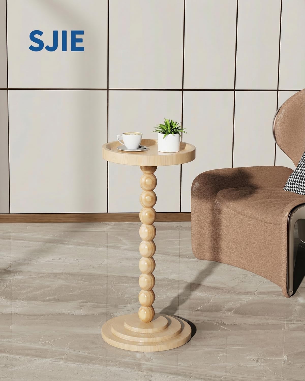 Round Wooden Side Table & Drink Table | Sturdy & Functional Mid-Century Modern Design with Solid Wood Columns for Living Room, Bedroom, Office & More