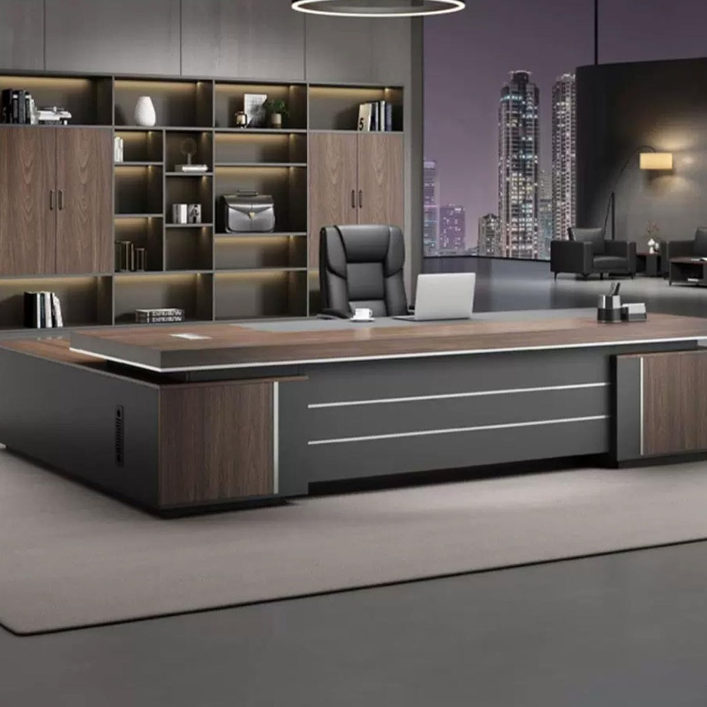 LSIGHTUS Luxury Executive Desk with Shelves and Lateral Cabinet for CEO Boss Manager Gaming Table Business Furniture Workstation for Home Office