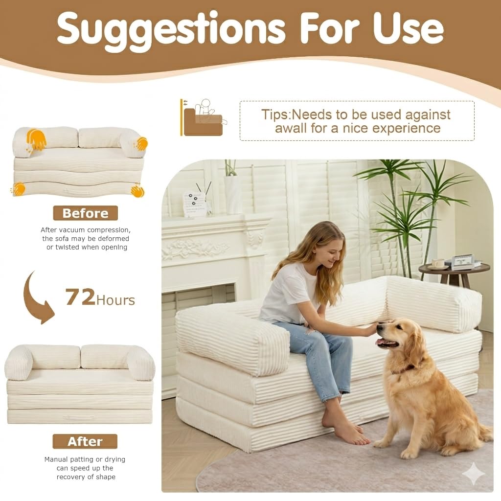 NLDD Convertible Sofa Bed King,5-in-1 Folding Boneless Couch Corduroy Futon Sofa Bed,Tri-Fold Mattress with Removable Armrests & Handle,Sleeper with Pull Out Bed for Small Space Living Room Bedroom