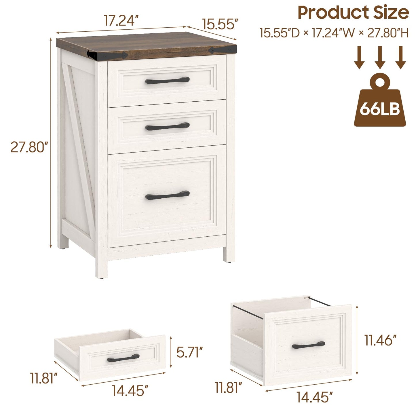 Vabches 3 Drawer Vertical File Cabinet, Wood Farmhouse Filing Cabinet Fits A4/Letter Size, Under Desk Small File Cabinets Printer Stand with Storage for Home Office, White and Brown