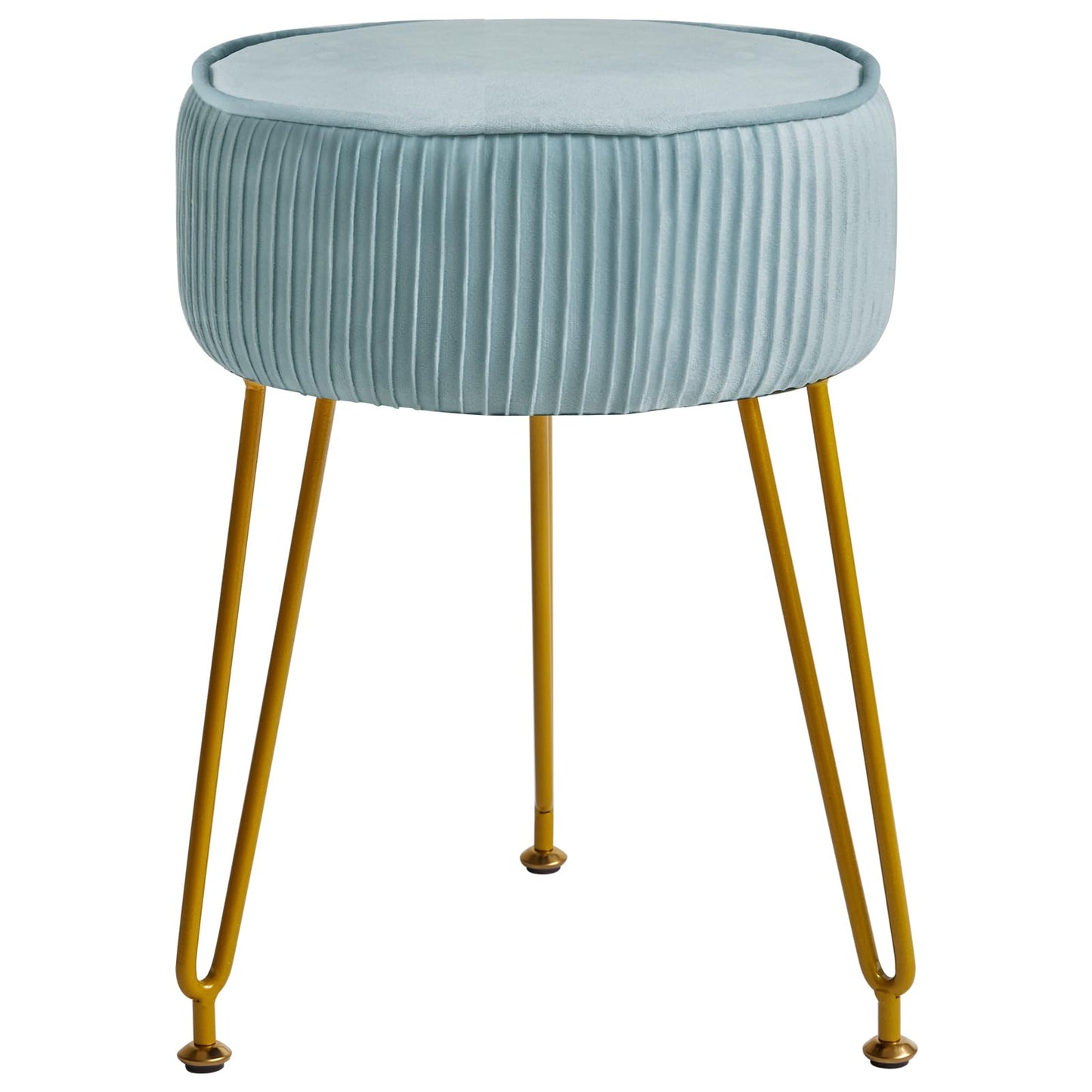 IBUYKE Velvet Round Footrest Stool Ottoman, Makeup Vanity Stool Side Table, Velvet Dressing Table Seat, Pouf Couch Stool, Golden Steel Legs, Blue LG-30H