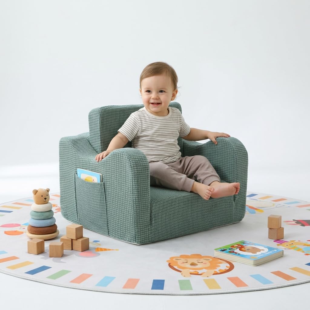 Toddler Couch 2-in-1 Flip Open Waffle Weave Kids Sofa, Forest Green