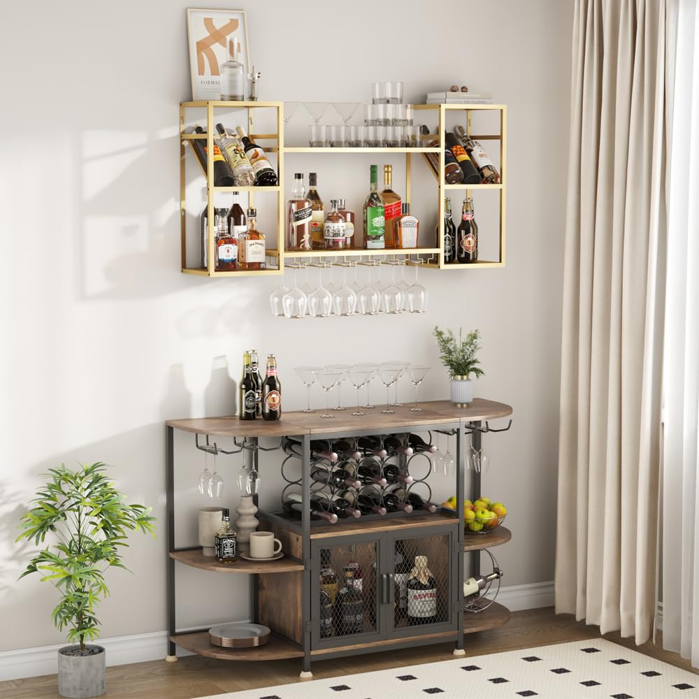 KaKaBB Metal Floating Bar Liquor Shelves 2 Tier, Wall Mounted Wine Rack with Glass Holder Storage, Wall Bar Shelf Wine Display Storage Holder for Kitchen Dining Room(Gold)