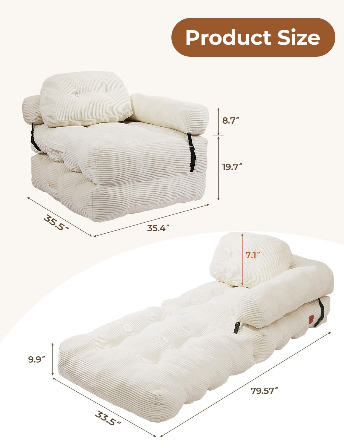 Vellorise Folding Sofa Bed, L-Shaped Couch Back Support and Arm Pillow Futon, Convertible Sofa Bed for Living Room/Guest Use/Home Office, Boneless Foldable Couch for Adults, White