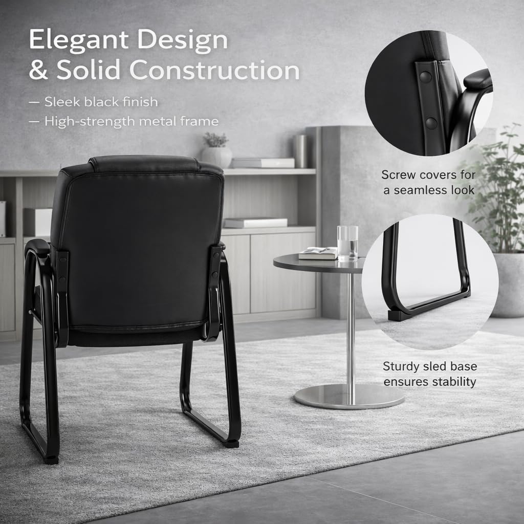 Kindbear PU Leather Waiting Room Chair Set of 4, Office Guest Reception Seating with Padded Arms, Stationary Conference Table Chair for Lobby Clinic Home Desk Bedroom,Black