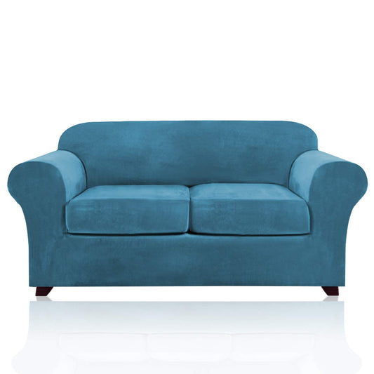 PrinceDeco Velvet Couch Cover Loveseat Covers for 2 Cushion Couch 3 Piece Sofa Covers for Dogs Washable Loveseat Covers Width Up to 72 Inch No Slip Stretch Sofa Slipcover(Medium, Blue)