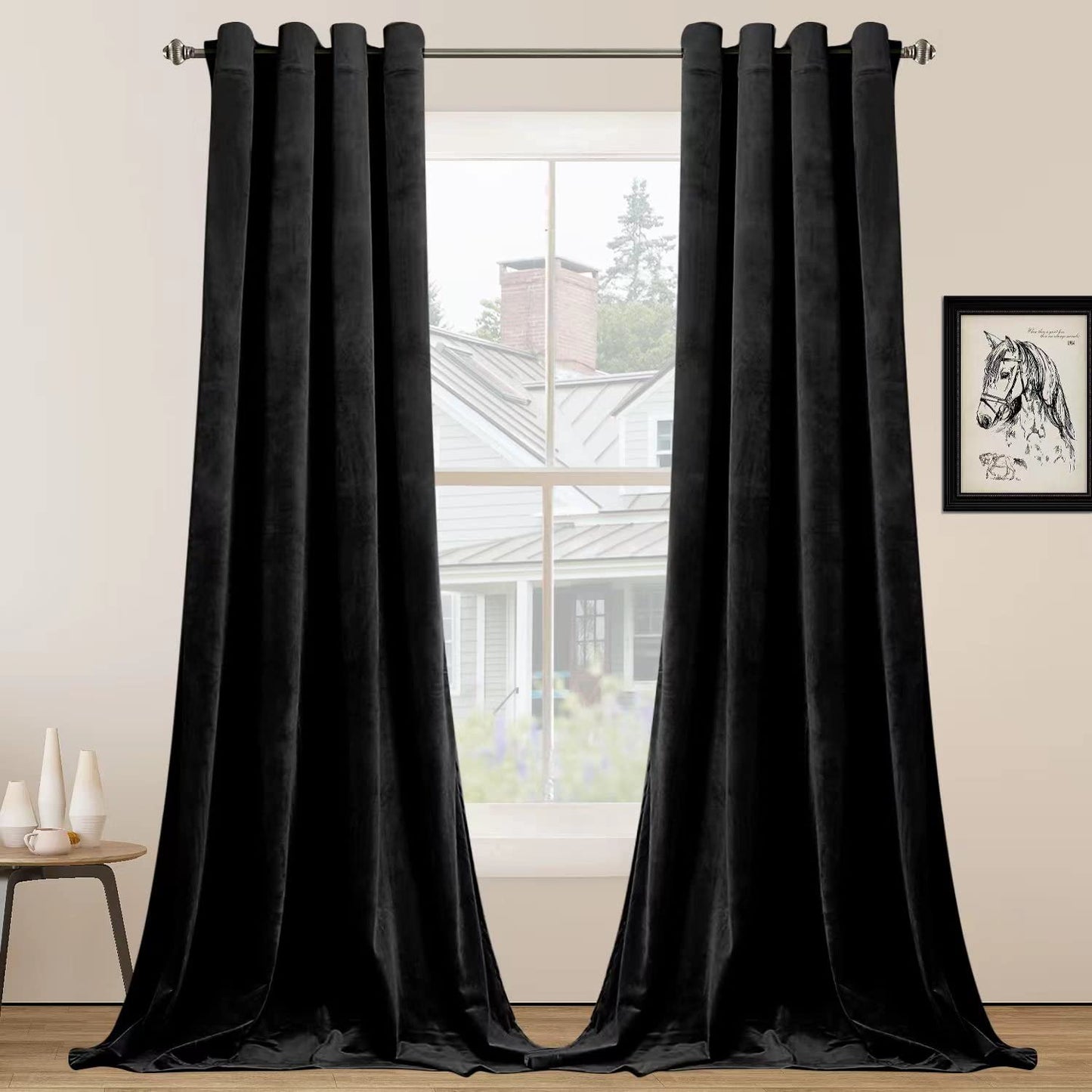 SMILETIME Black 108 in Long Velvet Curtains with Grommet, Thermal Insulated Super Soft Privacy Noise Reducing Light Filtering Velvet Curtains for Living Room, 2 Panels, Each 52 x 108 inches Long