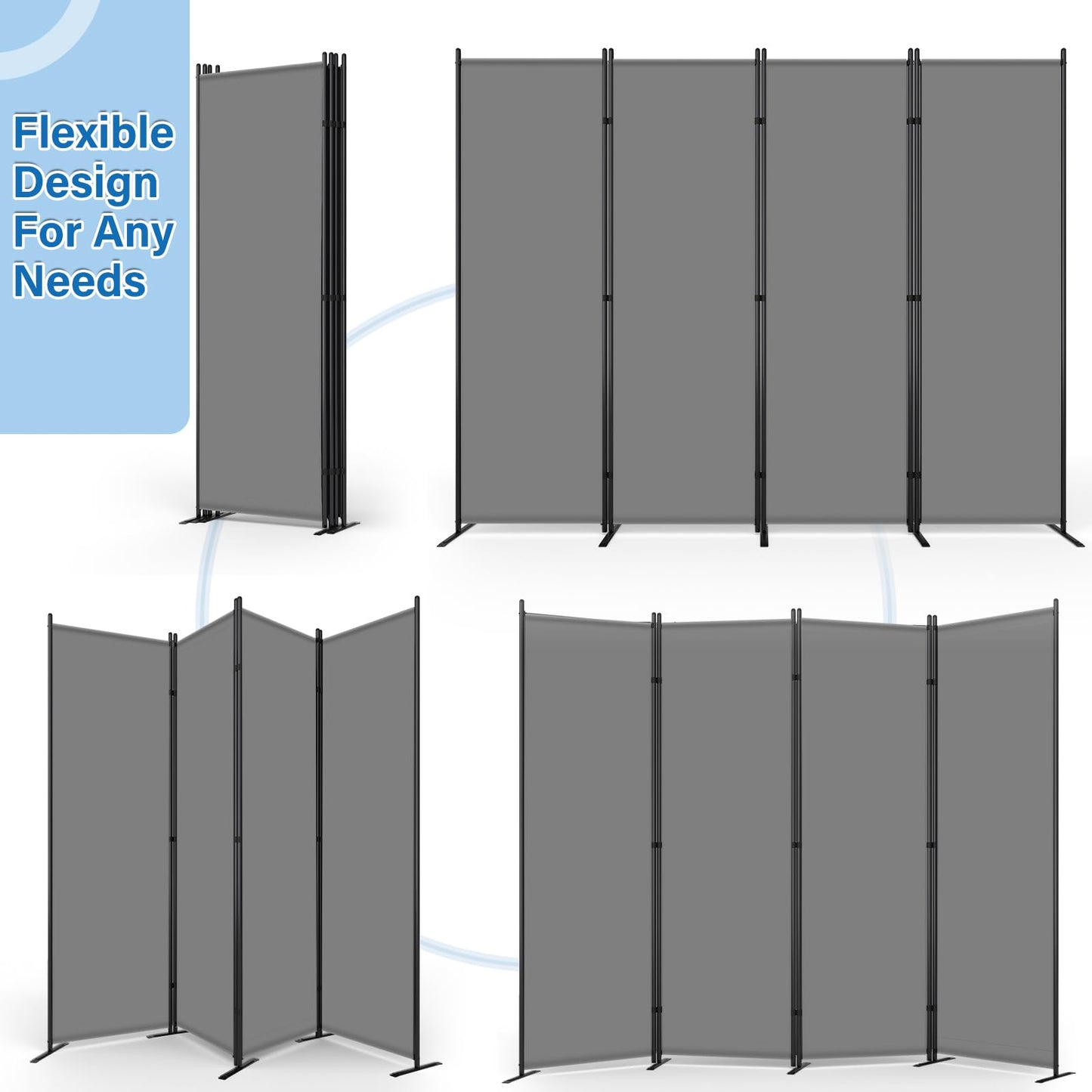 AKTOP 4 Panel Room Divider, 6FT Portable Wall Divider for Room Separation, 88" W Fabric Partition Room Dividers and Folding Privacy Screens, Freestanding Room Separators for Home Office Bedroom, Grey
