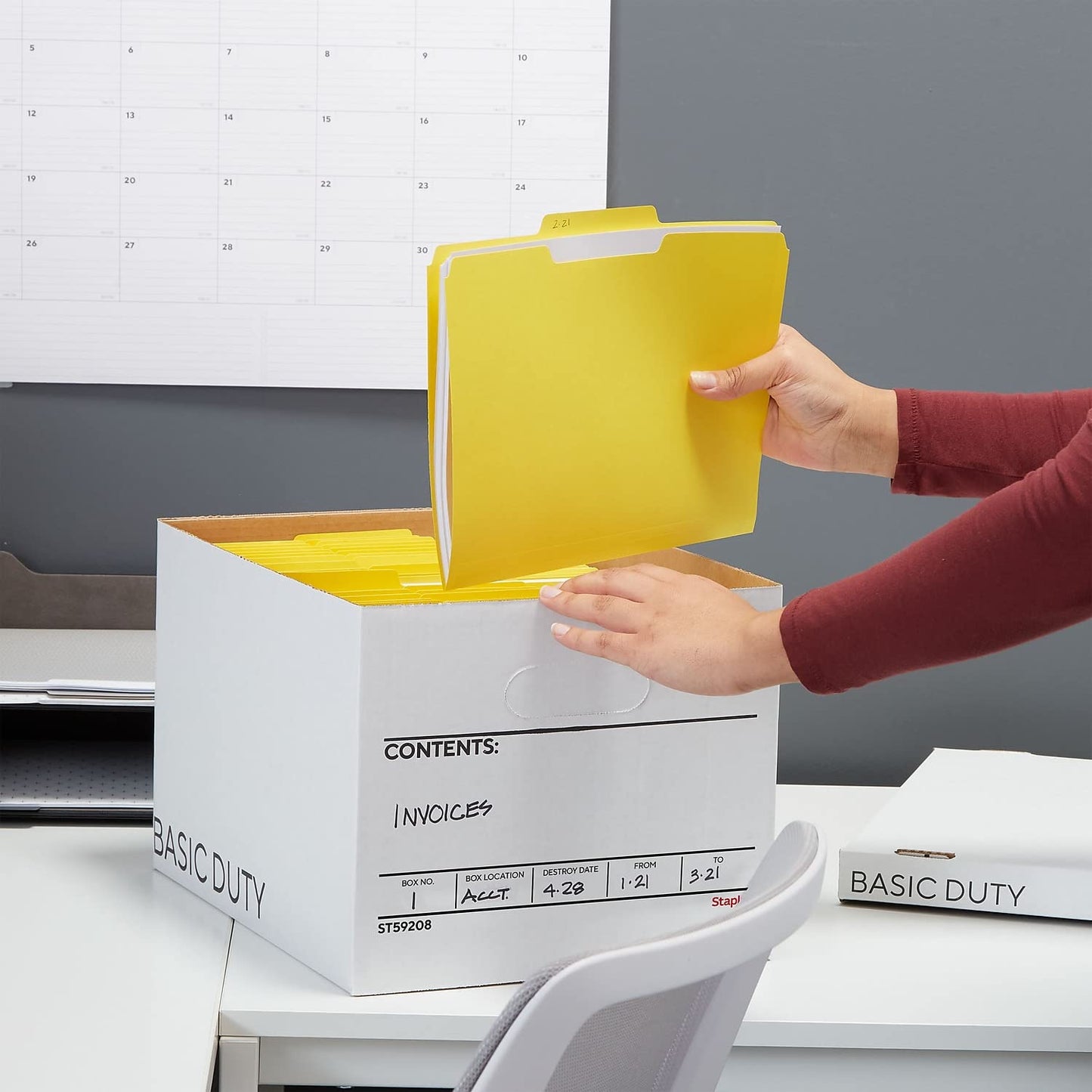 STAPLES Corrugated File Box Lift Off Lid, Letter/Legal Size, White/Black, 10/Pack
