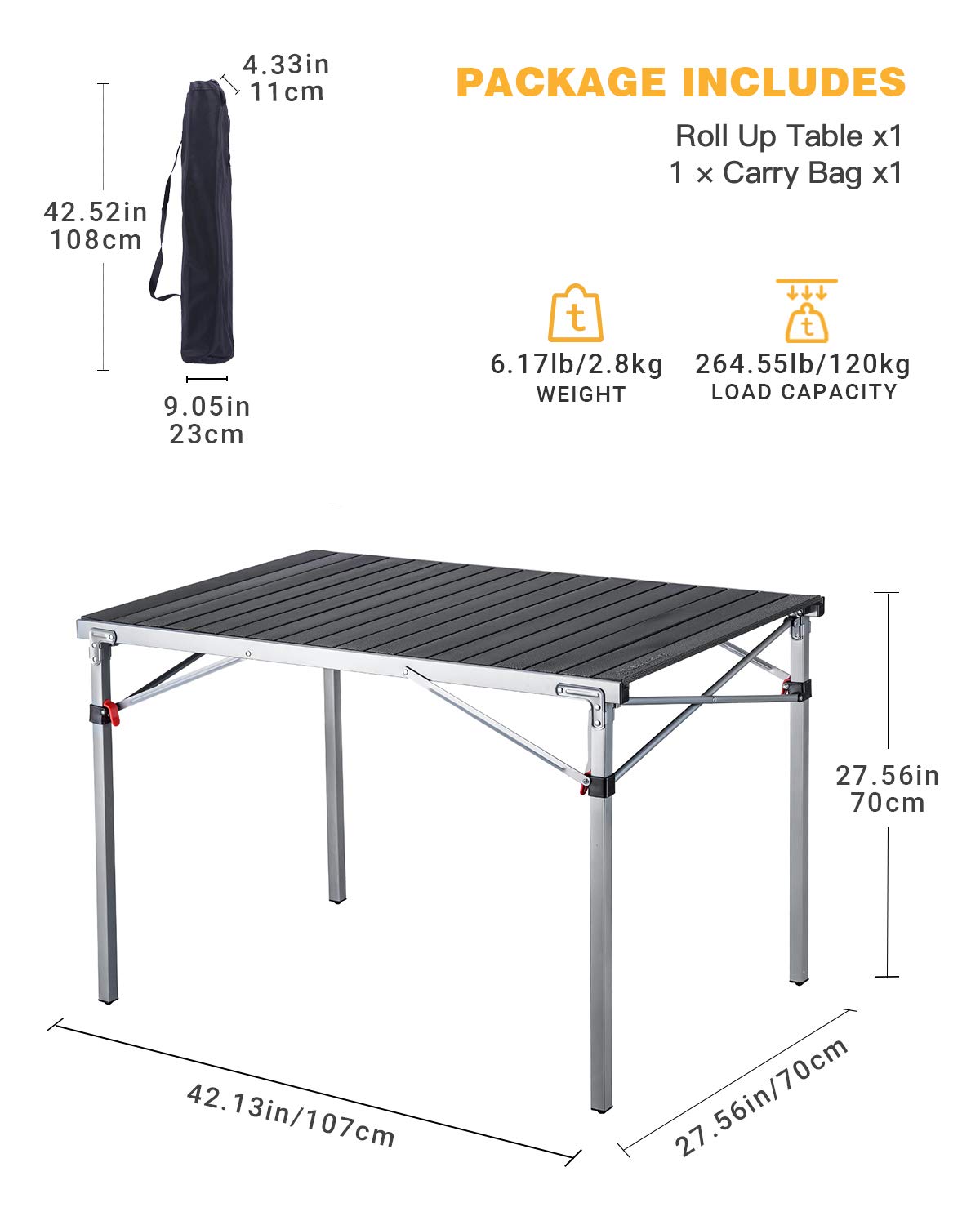 KingCamp Lightweight Compact Folding Camping Table,Stable Aluminum Alloy Folding Roll up Table for 4-6 Person for Picnic, Camping, Barbecue and Party,Portable Multifunctional Table with Carry Bag