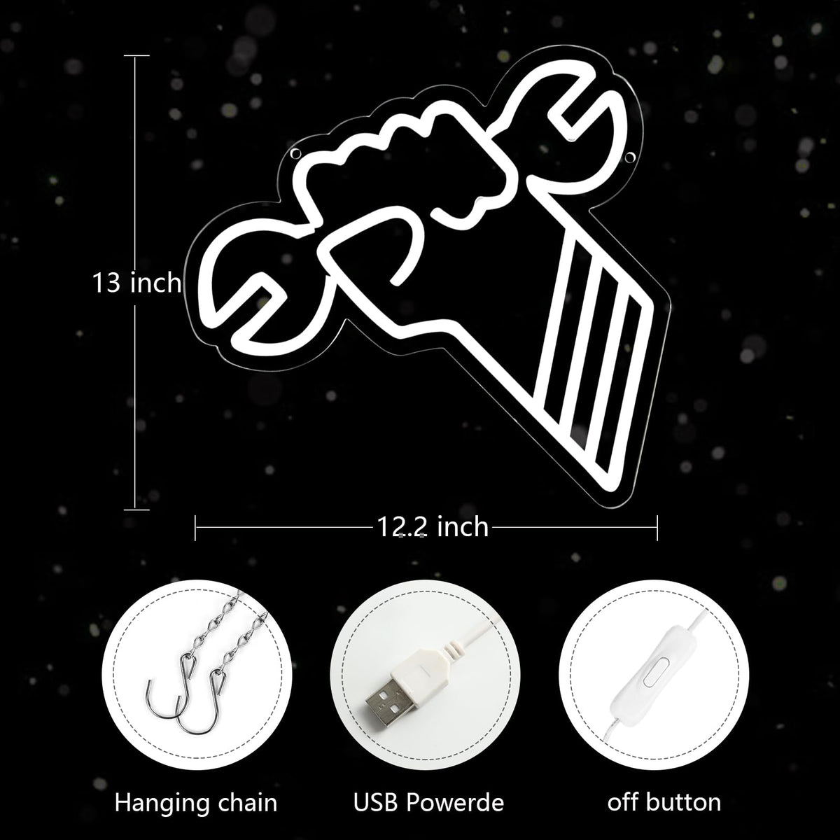 JFLLamp Wrench Garage Neon Signs for Wall Decor Neon Lights for Bedroom Led Business Signs Suitable for Garage Christmas Birthday Party Unique Gift for Lover, 5V Power Adapter, 12.2*13.1 Inch (White)